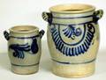 371 TWO BLUE DECORATED STONEWARE CROCKS
