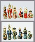2 UZBEKISTAN CARVED WOOD FIGURAL CHESS SET