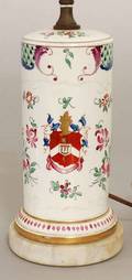 7 PAIR OF EXPORT STYLE ARMORIAL PORCELAIN LAMPS