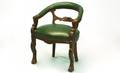 49 Antique Carved Armchair With Green Leather Upholste