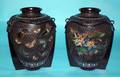 224 PAIR OF PATINATED BRONZE AND CHAMPLEVE ENAMEL VASE