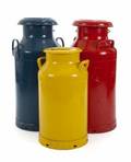 THREE LARGE PAINTED METAL MILK CONTAINERS