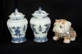 PAIR OF ASIAN VASES AND CERAMIC DOG