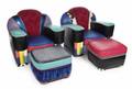THREE MULTICOLOR CLUB CHAIRS AND OTTOMANS