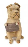 ANTIQUE STUFFED DOG WITH BRASS SIGN