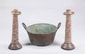 PAIR OF VINTAGE PAINTED POTTERY CANDLESTICKS AND A COPPER POT