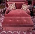 PAIR OF RED VELOUR OVERSIZED CHAIRS AND OTTOMANS