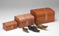 GROUP OF THREE LEATHER BOXES AND THREE DECORATIVE SHOES