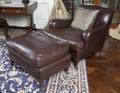TWO GEORGE SMITH LEATHER CLUB CHAIRS WITH AN OTTOMAN