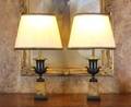 PAIR OF BLACK METAL AND MARBLE BASE TABLE LAMPS