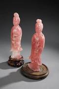 PAIR OF ASIAN ROSE QUARTZ TEMPLE FIGURES