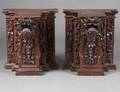 PAIR OF CARVED WALNUT AND MAHOGANY PEDESTALS