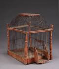 A VICTORIAN PAINTED WOOD AND WIRE BIRD CAGE