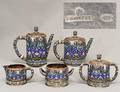 422 IMPORTANT FIVE PIECE FABERGE SILVER AND ENAMEL TEA