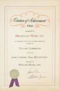 YELLOW SUBMARINE 1966 BMI CERTIFICATE 