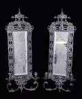 153 PAIR OF METAL TWO LIGHT MIRRORED SCONCES