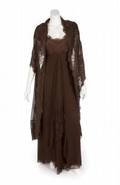 TRAVILLA CHOCOLATE LACE AND CHIFFON GOWN