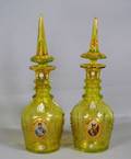 190 SUPERB PAIR OF GREENISH YELLOW GLASS DECANTERS