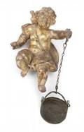 GRETA GARBO GILT WOOD CHERUB HOLDING A CAULDRON