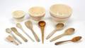 GRETA GARBO POTTERY MIXING BOWLS AND WOODEN SPOONS