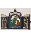 A MINIATURE SILVER PENDANT TRIPTYCH ICON WITH CHAMPLEV ENAMEL