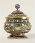 RUSSIAN GILDED SILVER AND CLOISONN ENAMEL SUGAR BOWL PAVEL OVCHINNIKOV MOSCOW 1894