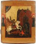 RUSSIAN ICON THE MIRACLE OF ST GEORGE AND THE DRAGON 19th Century Volga region