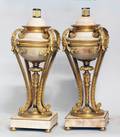 230 PAIR OF GILT BRONZE AND ALABASTER URNS AND COVERS
