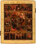 A LARGE RUSSIAN ICON OF THE RESURRECTION WITH SIXTEEN FEASTS 19TH CENTURY