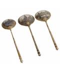 A GROUP OF THREE ANTIQUE RUSSIAN SILVER AND NIELLO SPOONS WITH VIEWS OF THE KREMLIN MARK OF VASILIY SEMENOV MOSCOW LAST QUARTER OF THE 19TH CENTURY