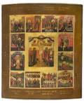 A RUSSIAN ICON OF THE CRUCIFIXION AND PASSION OF CHRIST CENTRAL SCHOOL C 1800