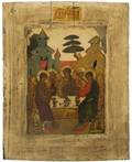 A RUSSIAN ICON OF THE HOSPITALITY OF ABRAHAM OLD TESTAMENT TRINITY 17TH CENTURY OR POSSIBLY 19TH IN THE STYLE OF 17TH CENTURY Faiths An Exhibition based upon the definition in the Epistle to the Hebrews xi 1