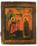 A RUSSIAN ICON OF THE ANNUNCIATION VOLOGDA 17TH CENTURY OR POSSIBLY 19TH IN THE STYLE OF 17TH CENTURY
