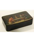 A RUSSIAN PAPIERMCH BOX LUKUTIN FACTORY MOSCOW LATE 19TH CENTURY the lid painted with an image of peasants seated at a table