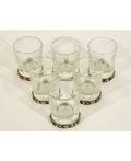 A SET OF SIX ENAMELLED SILVER AND CUT GLASS VODKA GLASSES 3RD ARTEL MOSCOW 19081926