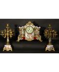 FRENCH PORCELAIN GILTBRONZE AND ENAMEL MANTLE CLOCK AND CANDLE HOLDERS