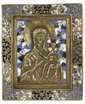 A BRONZE AND ENAMEL RUSSIAN ICON OF MOTHER OF GOD SMOLENSK