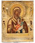A RUSSIAN ICON OF MOTHER OF GOD ASSUAGE MY SORROWS IN A GILT SILVER OKLAD
