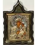 A RUSSIAN ICON OF THE TIKHVINSKAYA MOTHER OF GOD WITH GILT SILVER OKLAD AND INLAID CASE MOSCOW 1861