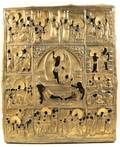 A LARGE RUSSIAN ICON OF THE RESURRECTION AND THE TWELVE GREAT FEASTS IN A BRASS OKLAD 19TH C