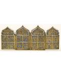 A BRASS AND ENAMEL TETRAPTYCH FOLDING ICON OF THE RESURRECTION WITH BIBLE SCENES FEATURING THE TWELVE GREAT FEASTS 19TH C