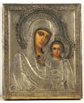 A RUSSIAN ICON OF THE KAZANSKAYA MOTHER OF GOD IN A GILT SILVER OKLAD MOSCOW 19081926