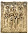 A RUSSIAN ICON OF THE MOTHER OF GOD WITH NINE MARTYRS IN A GILT SILVER OKLAD MOSCOW C 1895