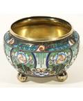 A SILVER AND SHADED CLOISONNE ENAMEL ART NOUVEAU FABERGE SALT CELLAR 11TH ARTEL MOSCOW 19081917