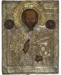 A RUSSIAN ICON OF SAINT NICHOLAS THE WONDERWORKER IN METAL OKLAD 19TH CENTURY