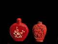 294 TWO CARVED CINNABAR SNUFF BOTTLES