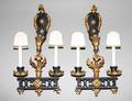 46 PAIR OF PARCEL GILT BLACK IRON TWO LIGHT SCONCES