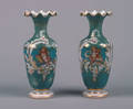 A Pair of Painted Parcel Gilt Milk Glass Vases