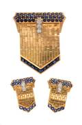 A Collection of 14 Karat Yellow Gold Sapphire and Diamond Belt Motif Jewelry