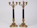 152 PAIR OF EMPIRE STYLE BRASS THREE LIGHT CANDELABRAS